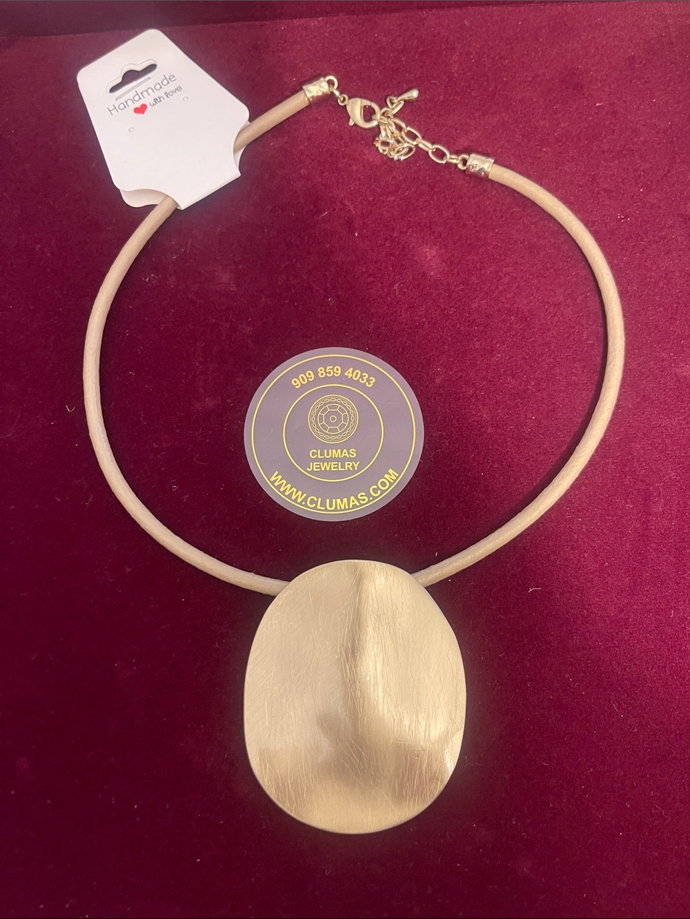 Handmade Beige Leather Choker with Gold Pendant